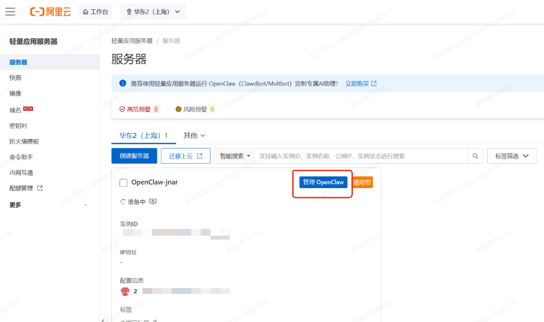 阿里云轻量应用服务器列表：点击实例上的「管理 OpenClaw」