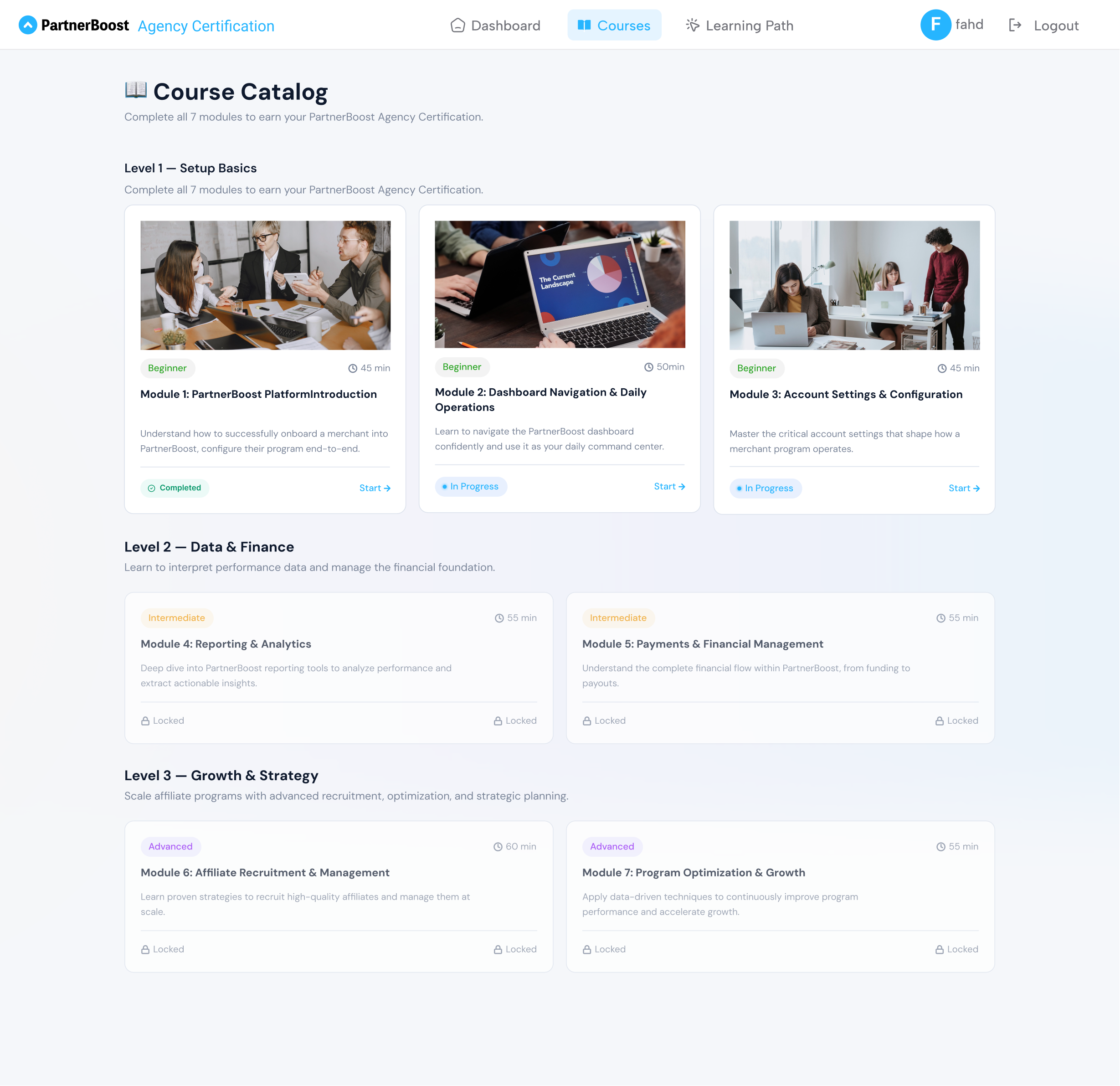 Course Catalog preview with seven certification modules