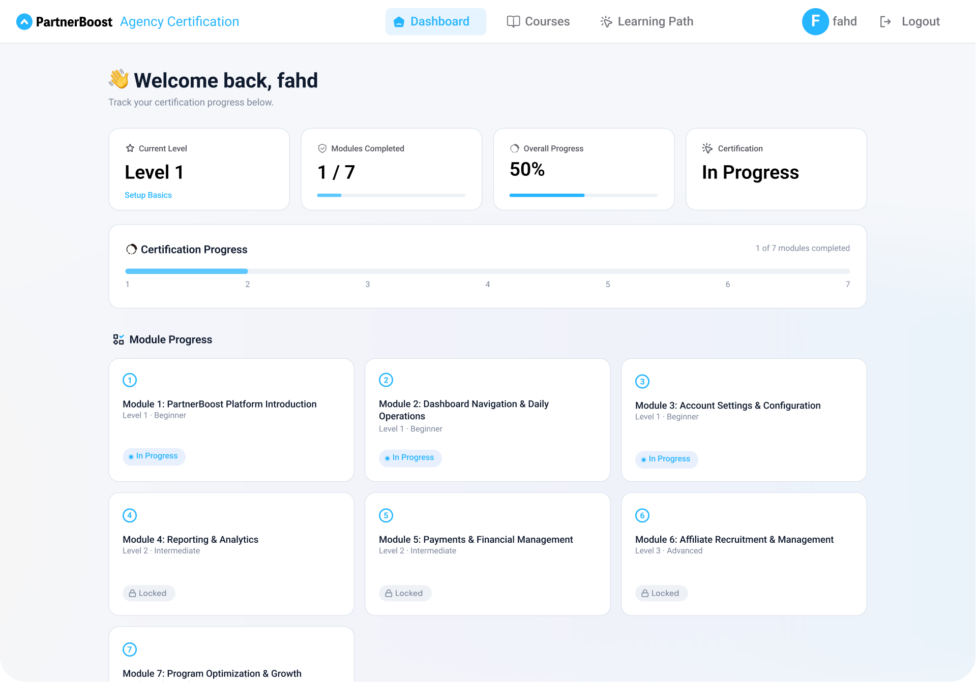 PartnerBoost Agency Certification dashboard preview